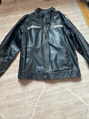 Adonna Black Leather Bomber Jacket with Silver Zippers